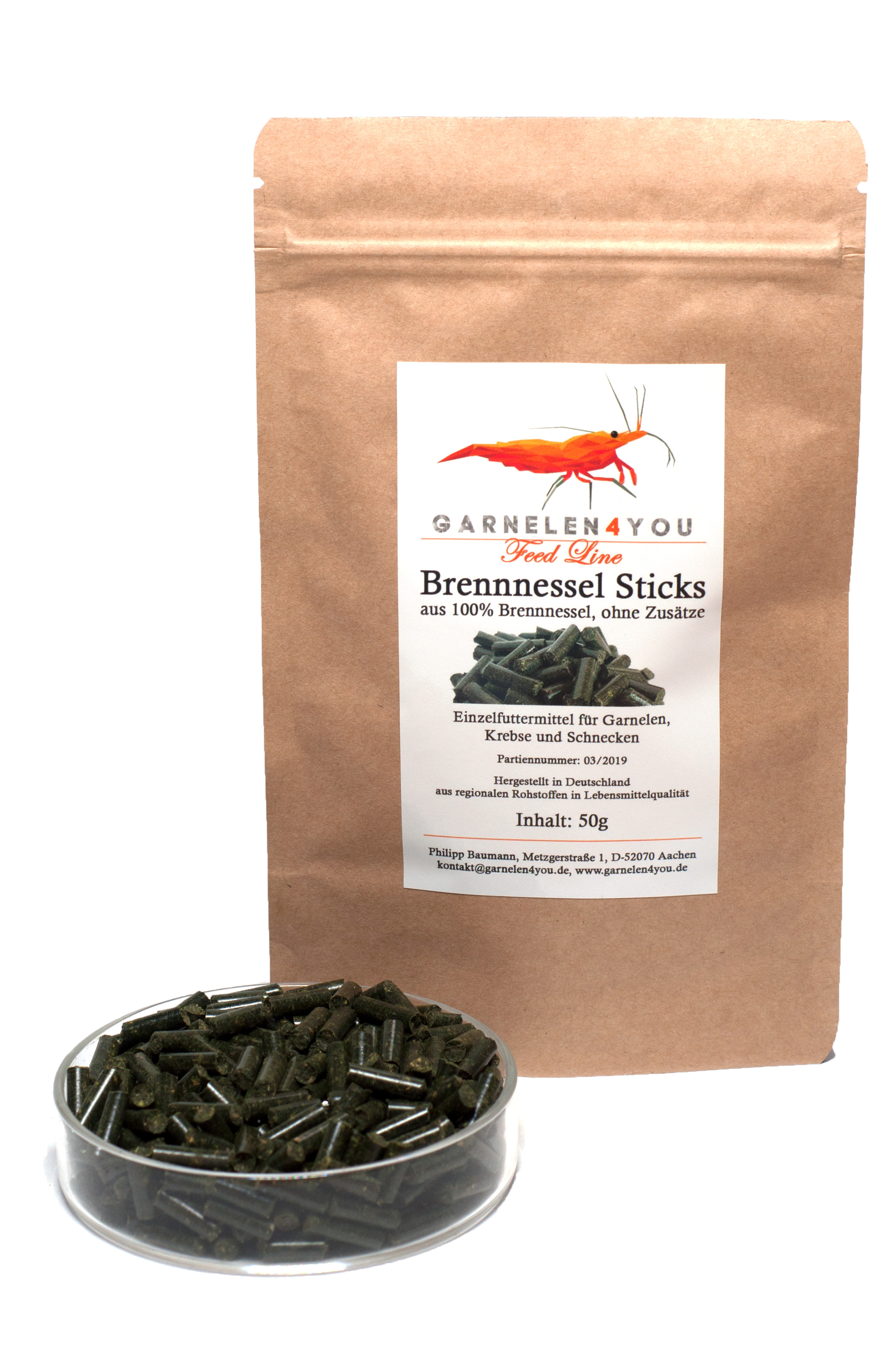 GARNELEN4YOU® Brennnessel Sticks, 50 g Futter Pellets für Garnelen, Krebse und Schnecken GARNELEN4YOU® Brennnessel Sticks, 50 g Futter Pellets für Garnelen, Krebse und Schnecken