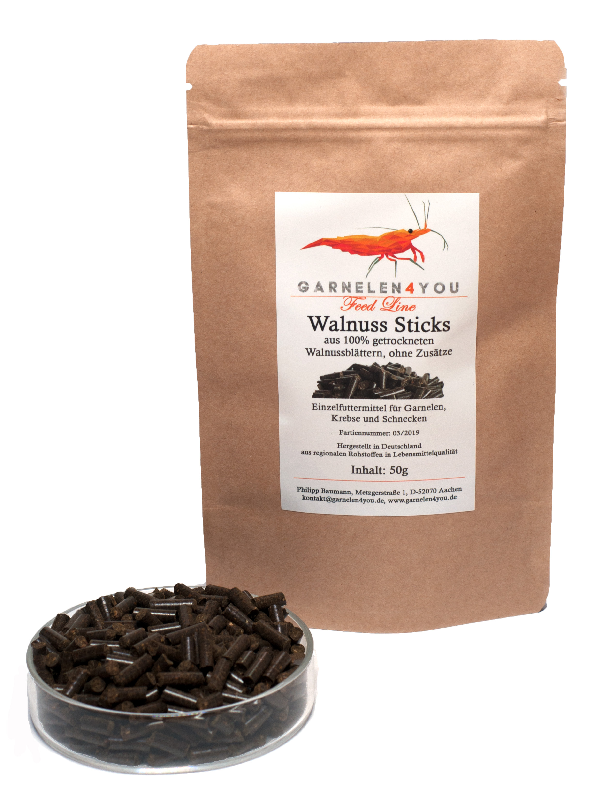 GARNELEN4YOU® Walnuss Sticks, 50 g Futter Pellets für Garnelen, Krebse und Schnecken GARNELEN4YOU® Walnuss Sticks, 50 g Futter Pellets für Garnelen, Krebse und Schnecken