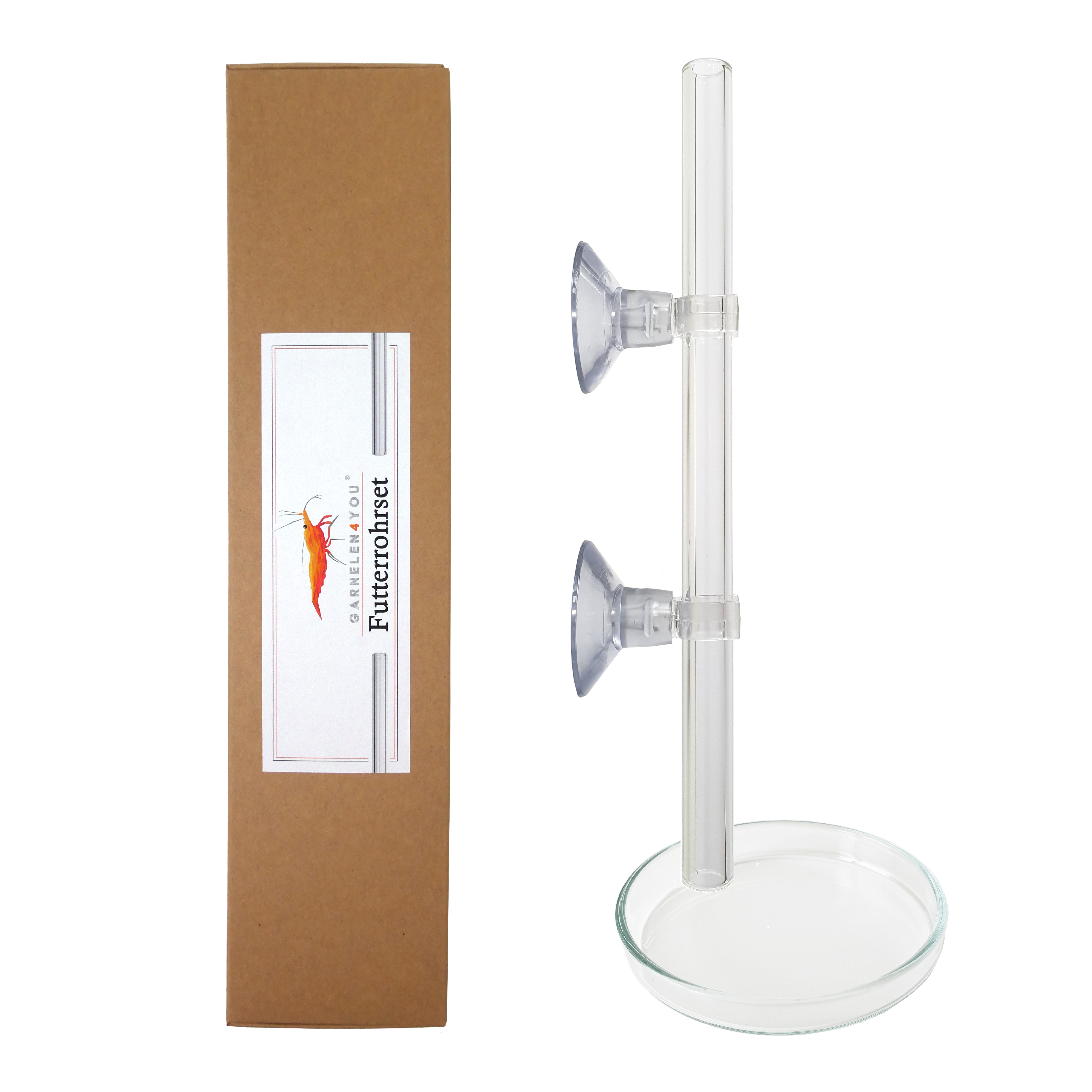 GARNELEN4YOU® Futterrohr-Set aus Laborglas | Rohr und Futter-Schale für Garnelenfutter  | Shrimp Feeder Tube 16 cm lang
