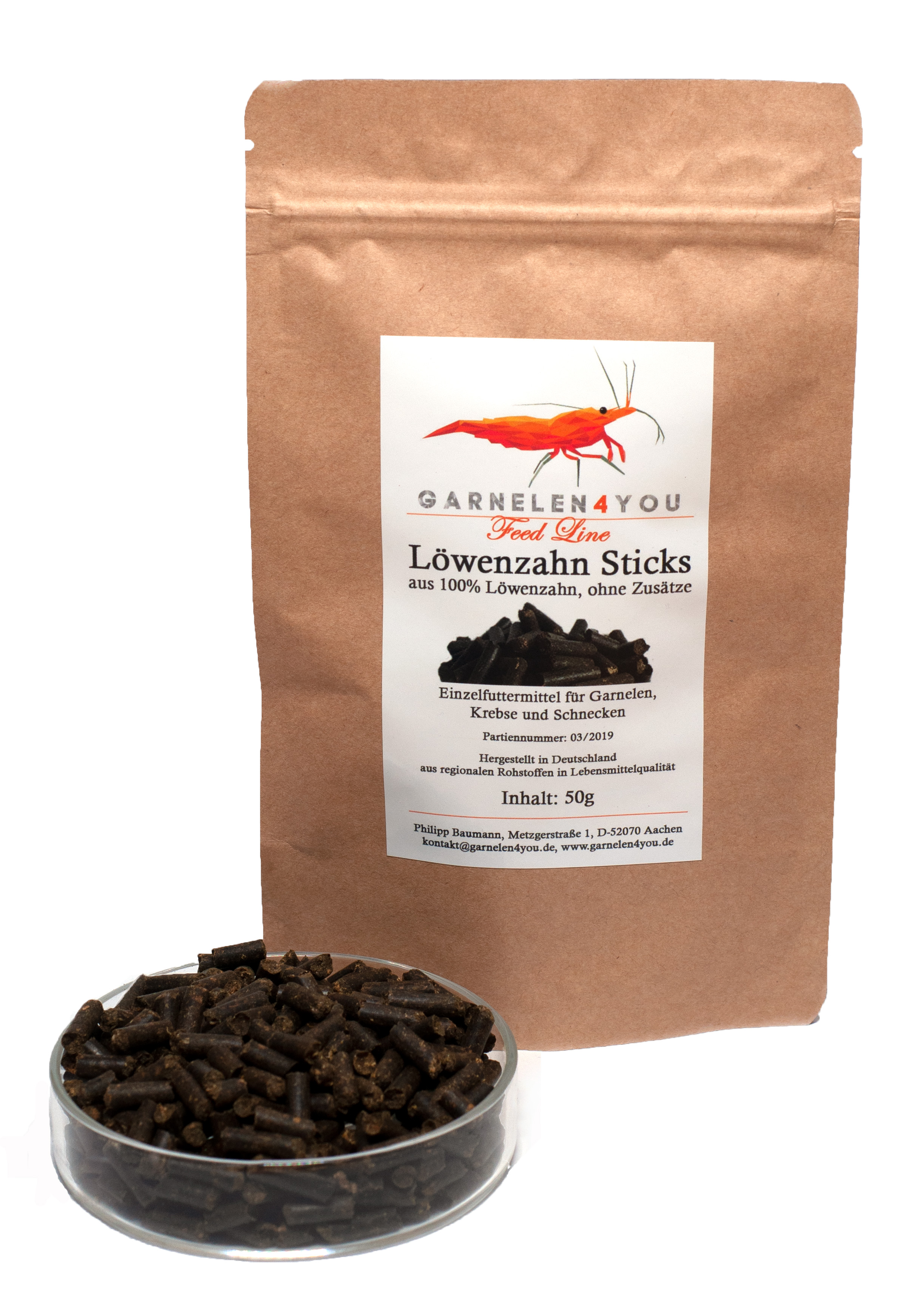 GARNELEN4YOU® Löwenzahn Sticks, 50 g Futter Pellets für Garnelen, Krebse und Schnecken GARNELEN4YOU® Löwenzahn Sticks, 50 g Futter Pellets für Garnelen, Krebse und Schnecken