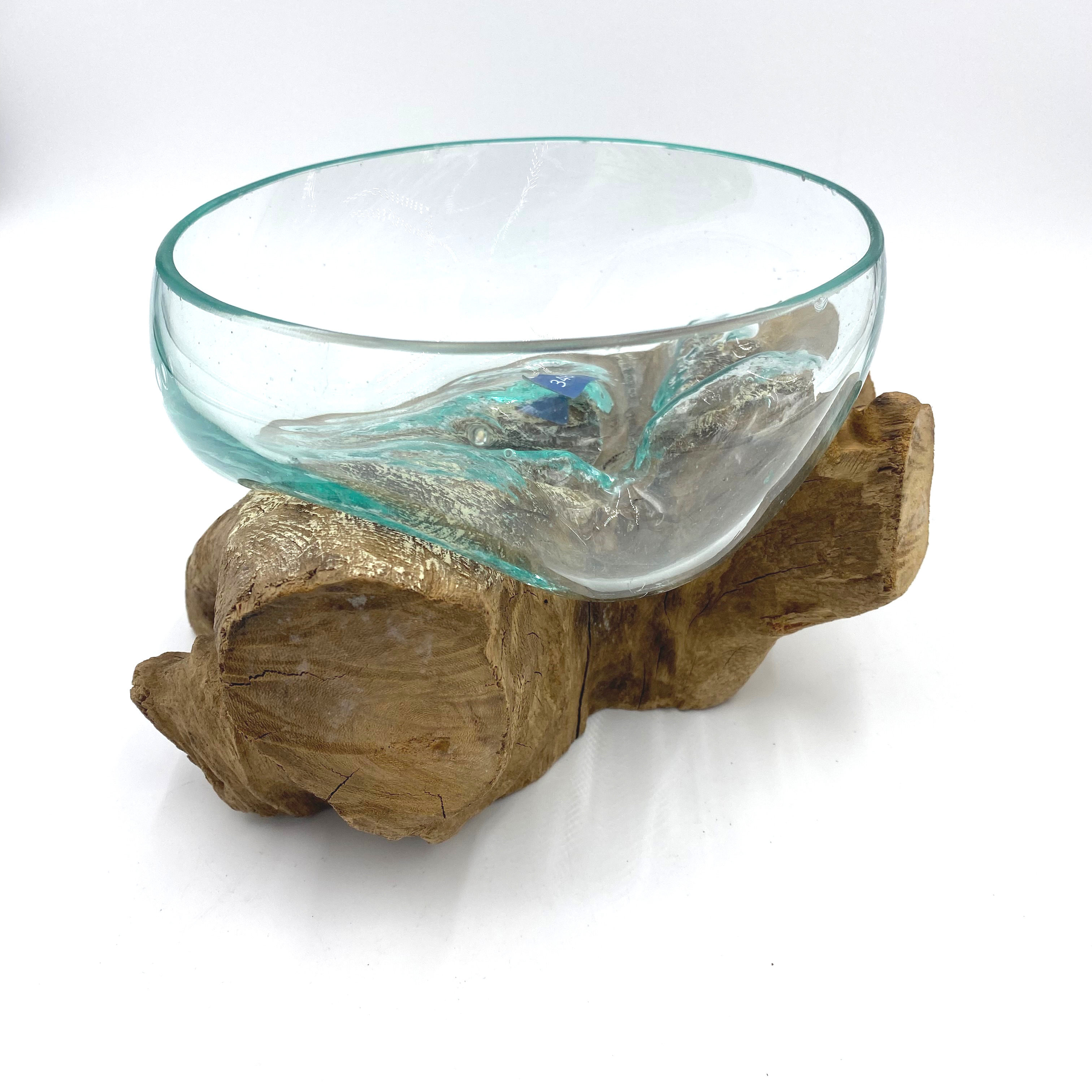 Holzschale mit Glaswabi Ø ca 18 cm Schale für Wabi Kusa