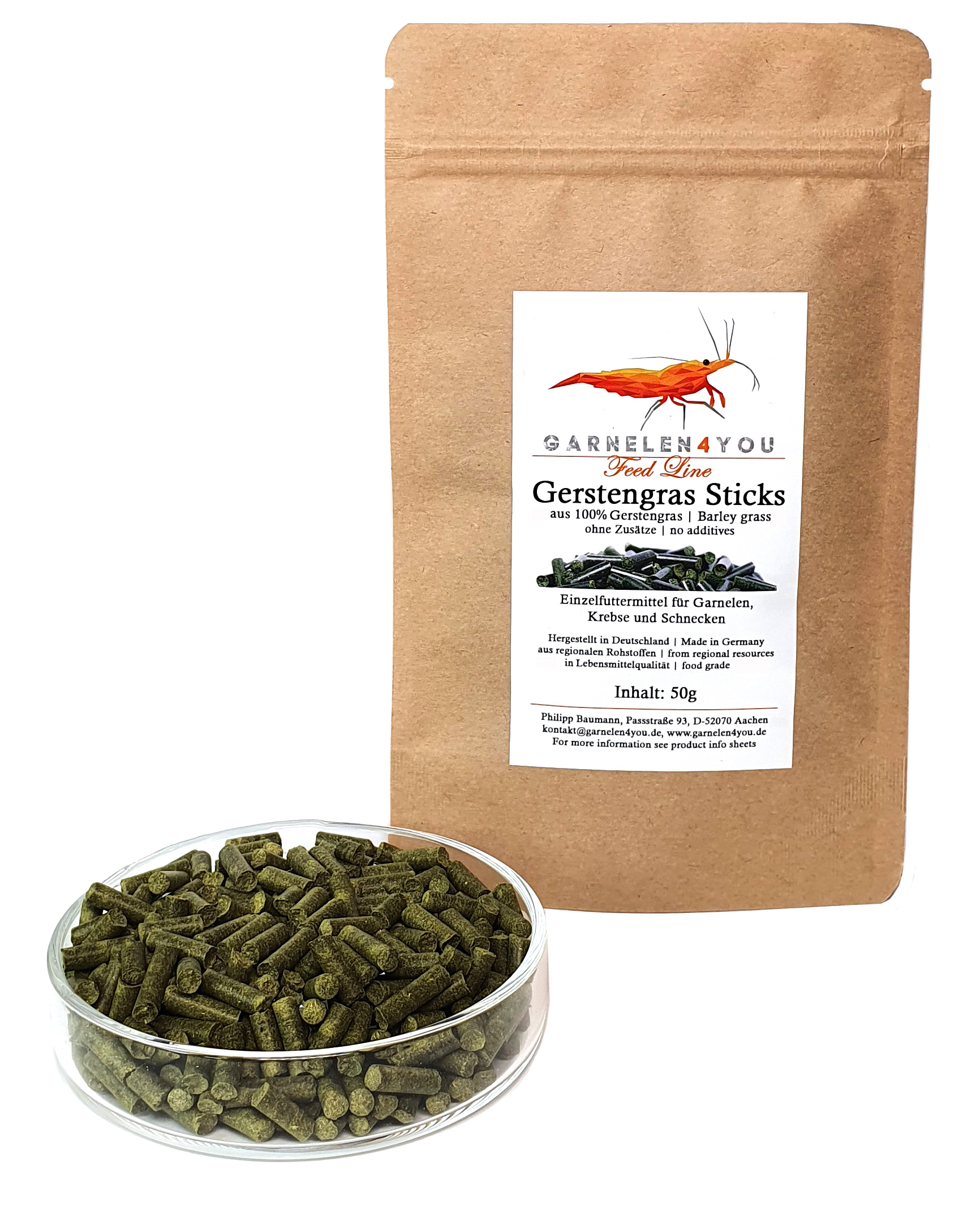 GARNELEN4YOU® Gerstengras Sticks, 50 g Futter Pellets für Garnelen, Krebse und Schnecken GARNELEN4YOU® Gerstengras Sticks, 50 g Futter Pellets für Garnelen, Krebse und Schnecken
